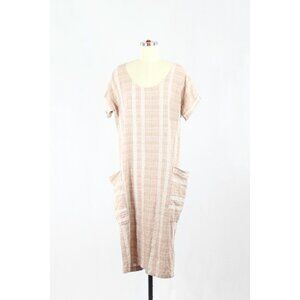 MEG Lazy Pink Red Plaid Check Cotton Seersucker Straight Midi Dress, Size M